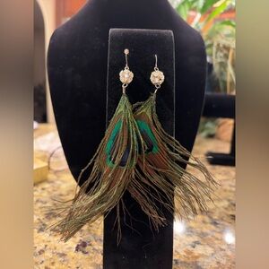 Peacock Feather Statement Earrings 6” Rhinestone Drop